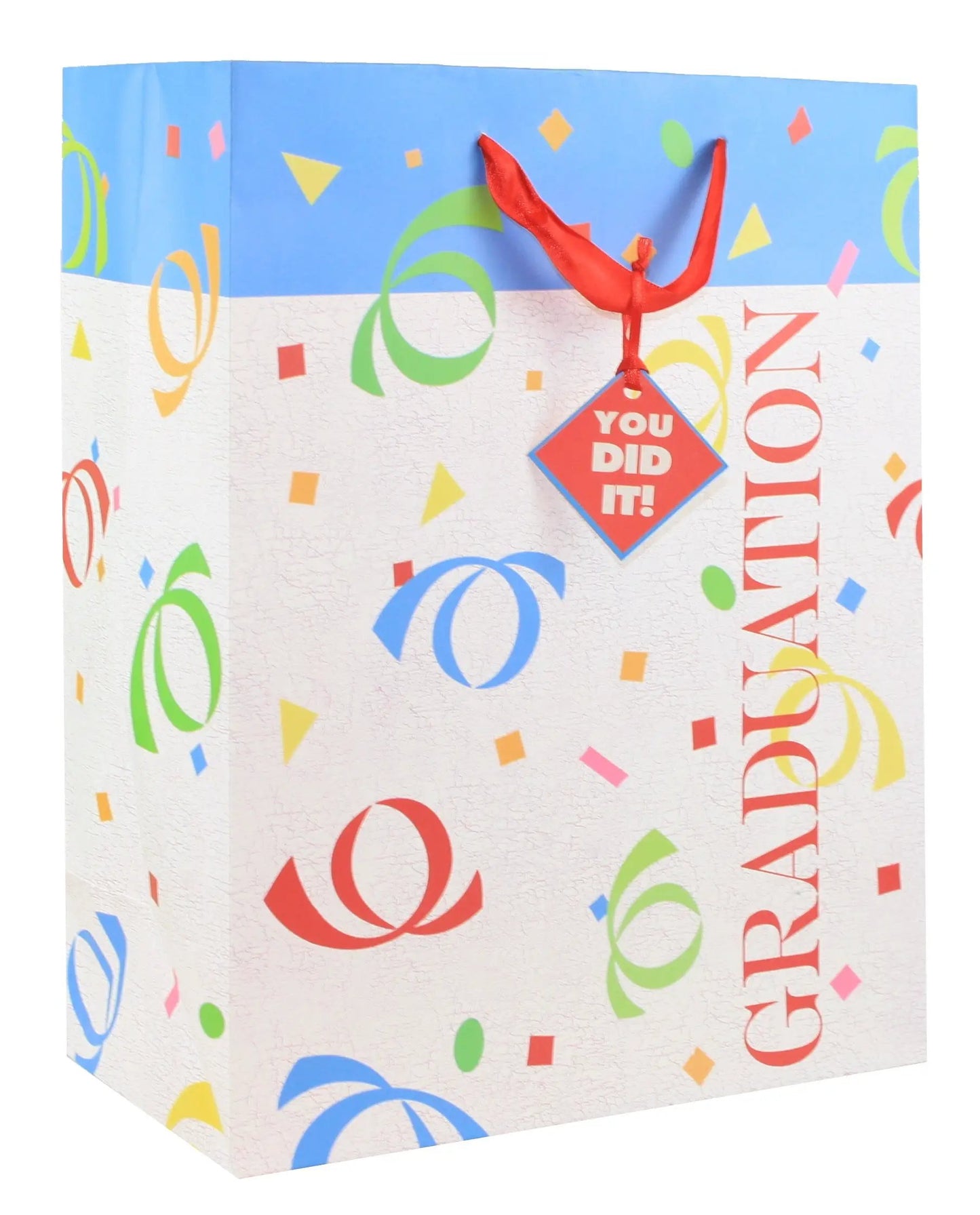 Confetti graduation gift bag blue/white red ribbon handle YOU DID IT Country Christmas Loft on Tampa Home & Garden Store