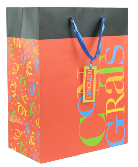 Congratulations gift bag with black top, orange body and blue ribbon handles on Tampa Home & Garden Store