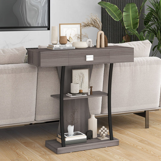 Mesa Consola con Cajón y Estantes de 2 Niveles para Entrada, Sala de Estar - Gris