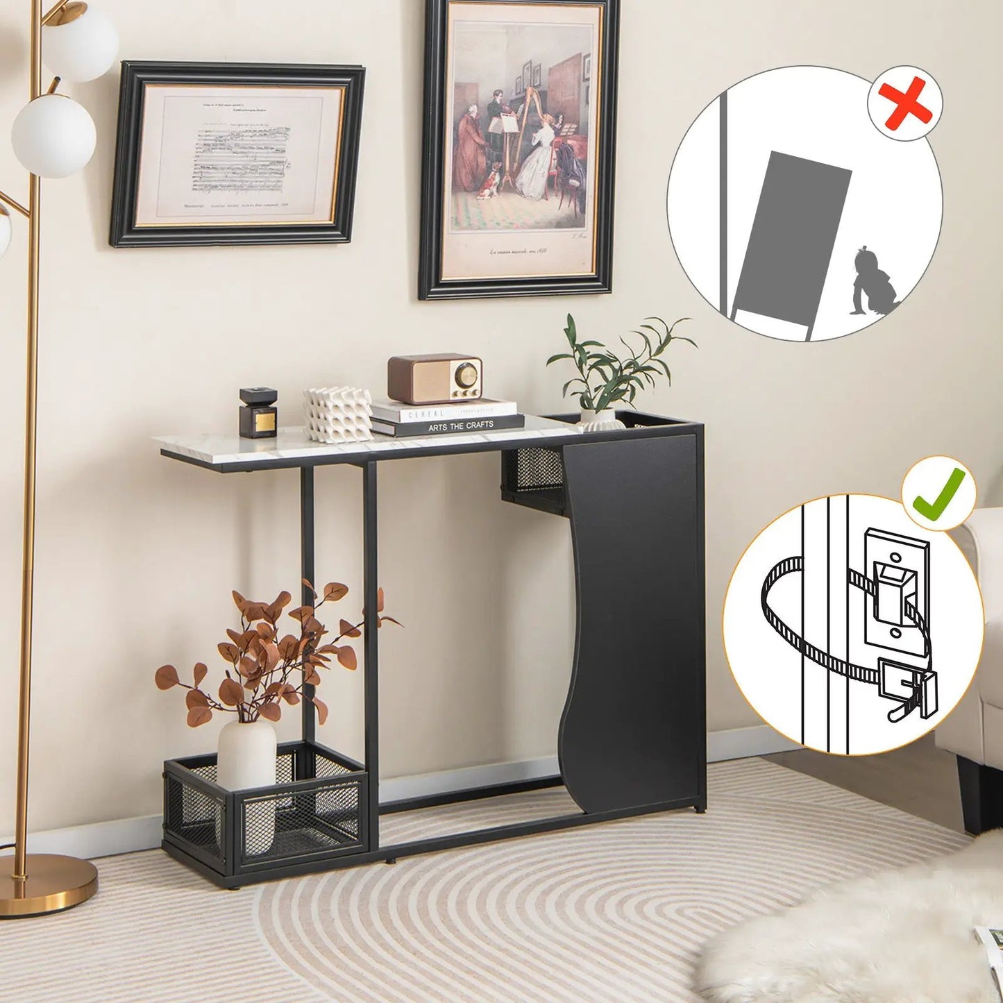 Console table 43.5-inch DirectDeals with faux marble top and black frame, plant and books on Tampa Home & Garden Store