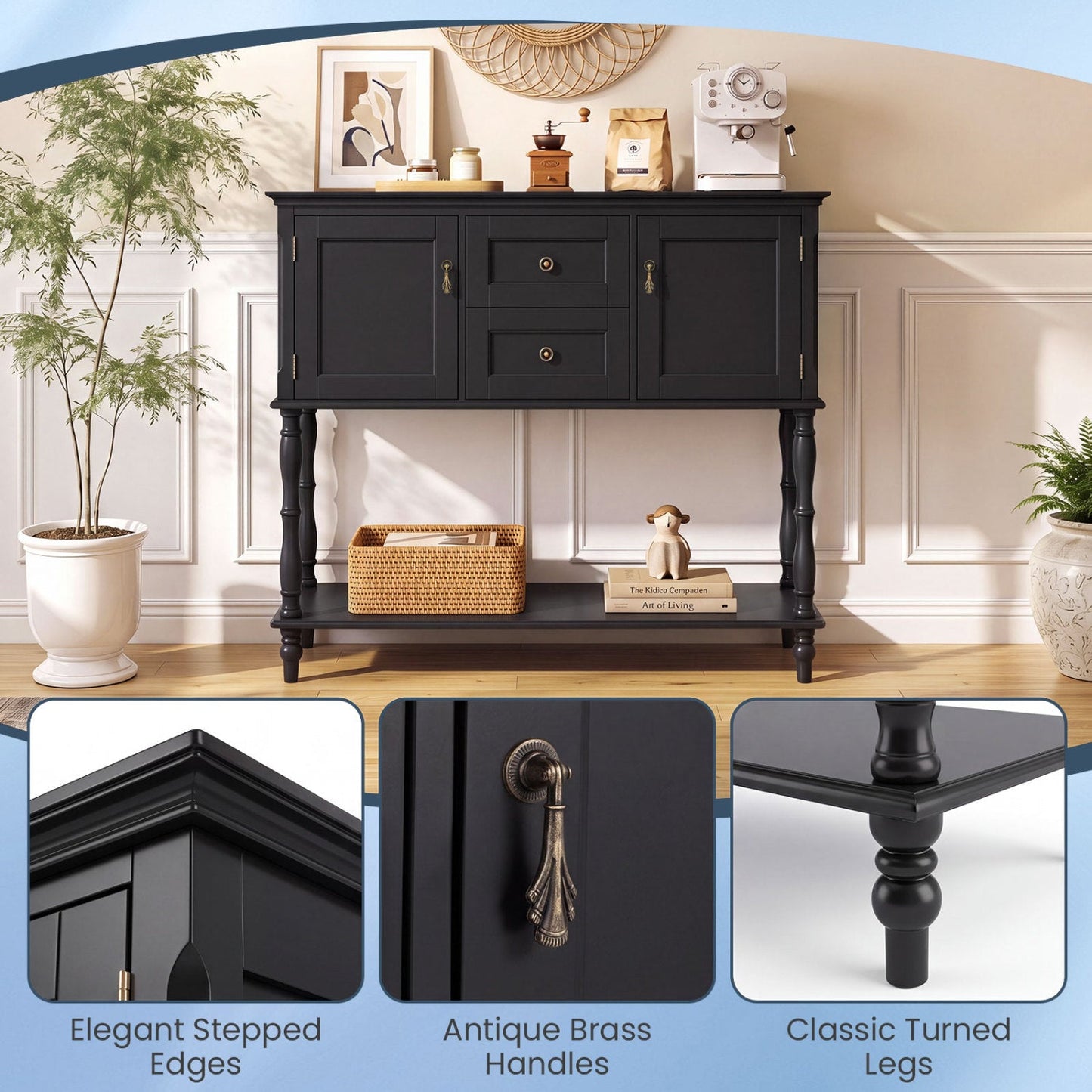 Console table with 2 drawers and storage cabinets in black, antique brass handles on Tampa Home & Garden Store
