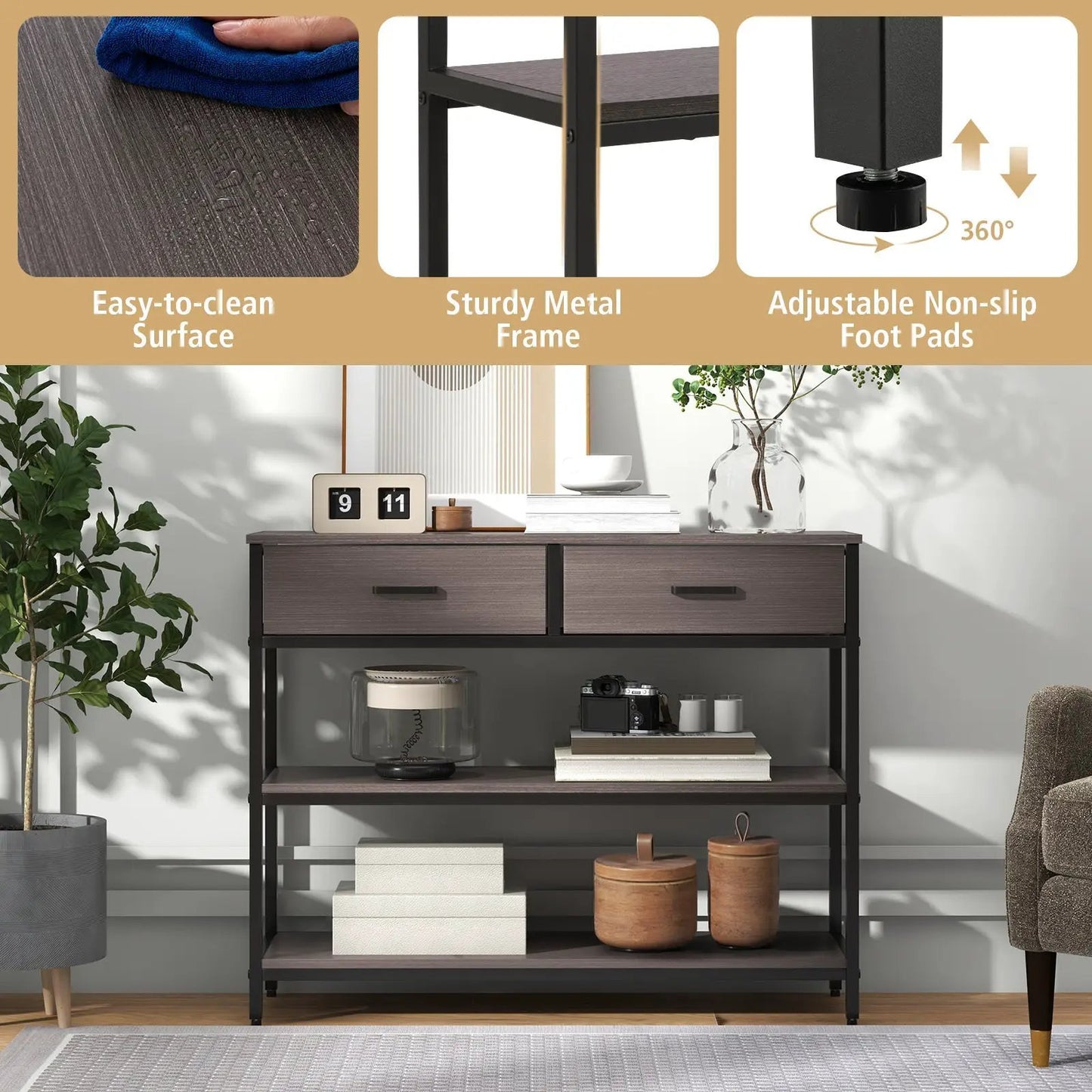 Console Table with Folding Drawers Entryway, dark wood top, black metal frame, 2 drawers on Tampa Home & Garden Store