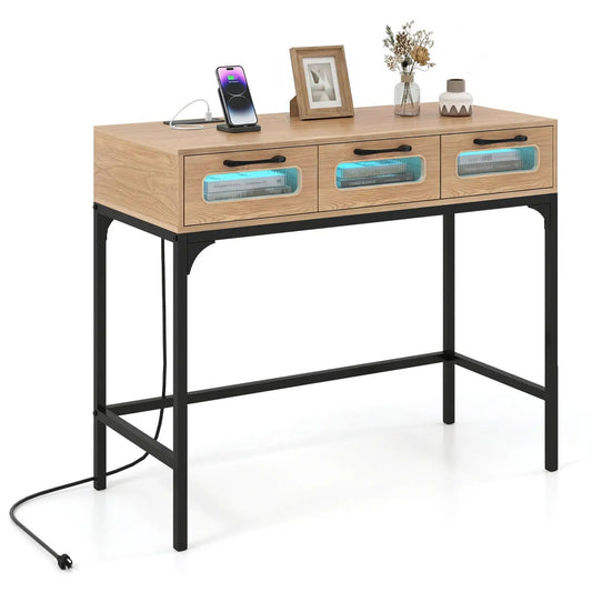 DirectDeals console table with LED lighting and charging station, oak finish, 3 drawers on Tampa Home & Garden Store