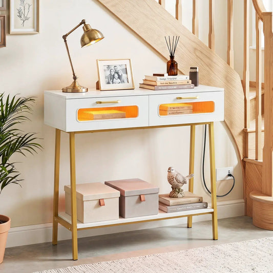 Console table with LED-lit drawers, white finish and gold metal legs, open lower shelf on Tampa Home & Garden Store