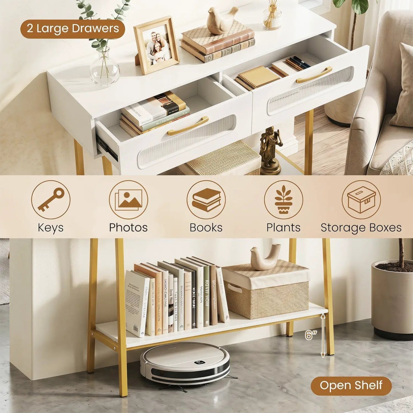 Console table with LED lights, white and gold finish, 2 large drawers, open lower shelf DirectDeals on Tampa Home & Garden Store