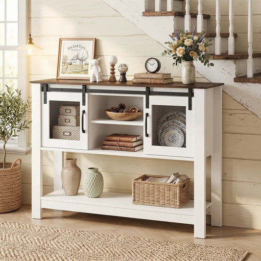Console table with sliding barn doors and cabinets in white with a wood top DirectDeals on Tampa Home & Garden Store
