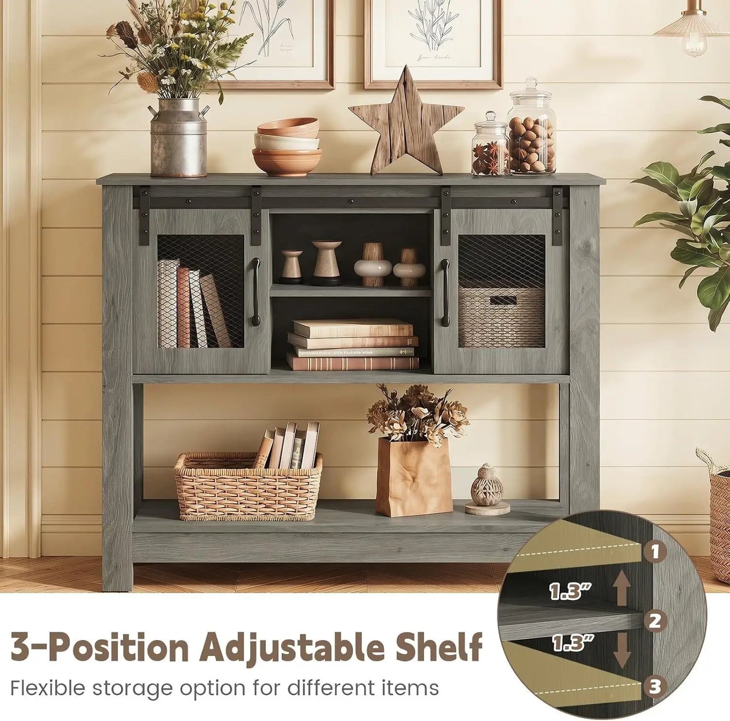 Console table with sliding barn doors in gray wood by DirectDeals, metal hardware, open shelf on Tampa Home & Garden Store