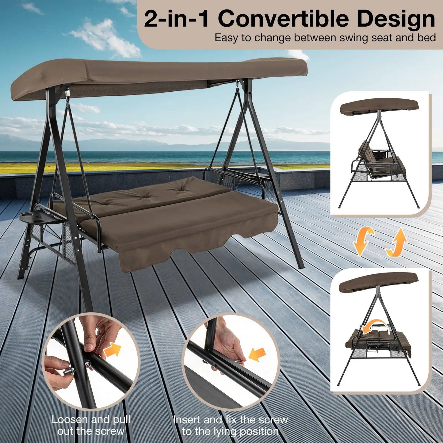 Three Seat Convertible Porch Swing With Canopy