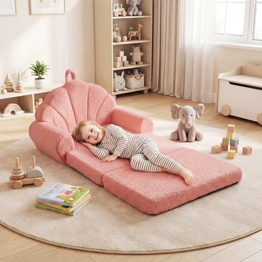 Convertible Kids Sofa 2-in-1 pink plush toddler chair and sofa in a cozy playroom on Tampa Home & Garden Store