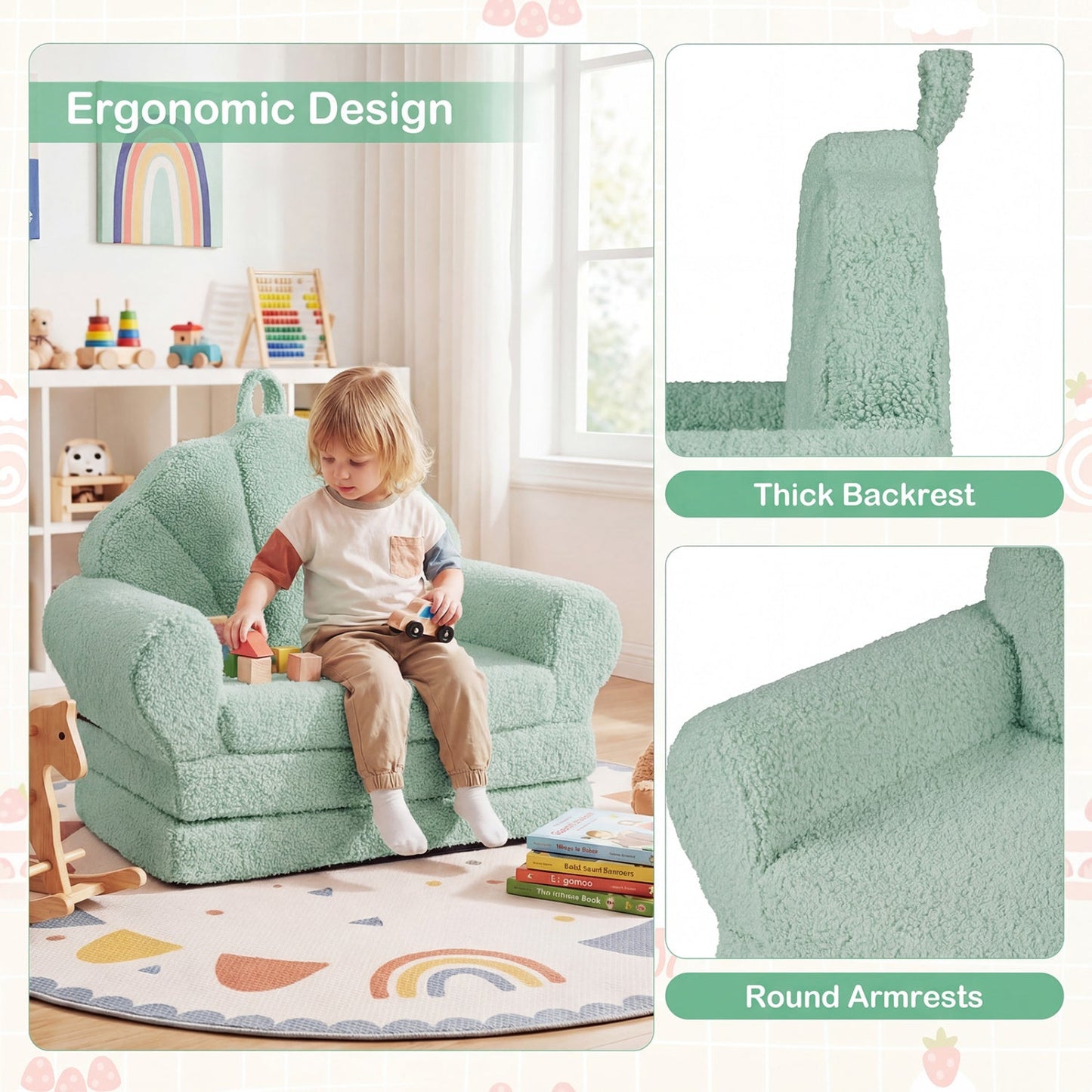 Convertible Kids Sofa Two-in-One Toddler Chair in mint plush fabric with rounded arms on Tampa Home & Garden Store