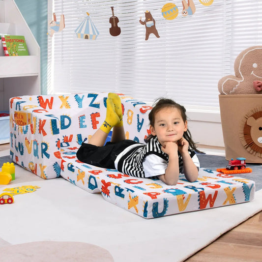 2-in-1 Convertible Kids Sofa in Velvet Fabric with alphabet-print upholstery on Tampa Home & Garden Store