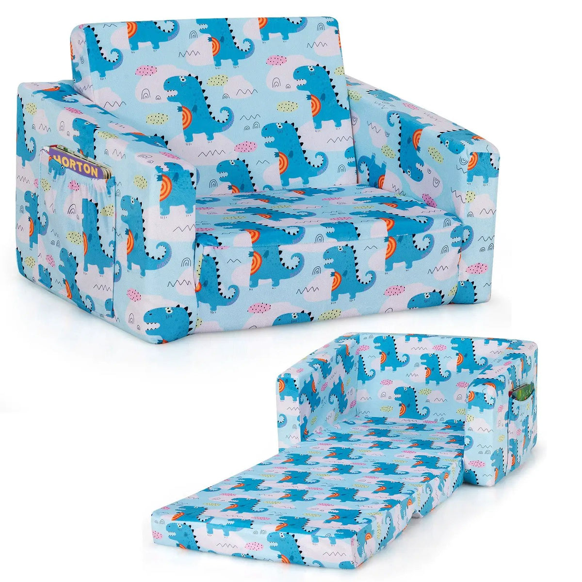 2-in-1 Convertible Kids Sofa velvet blue dinosaur print with pull-out bed DirectDeals on Tampa Home & Garden Store
