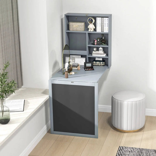 Convertible wall-mounted desk in blue-gray with chalkboard front and shelves by DirectDeals on Tampa Home & Garden Store