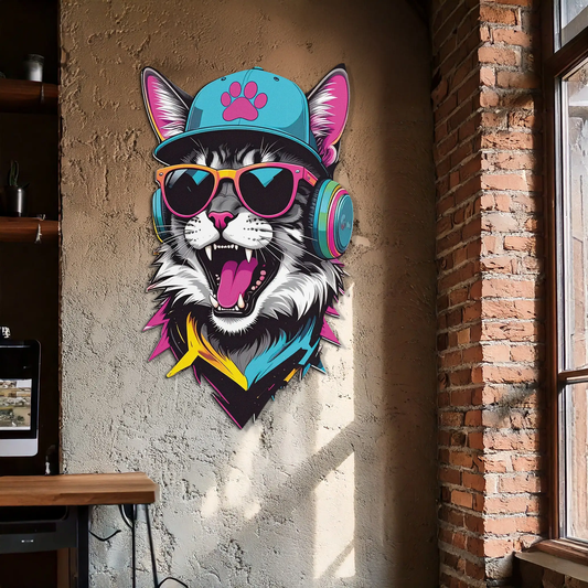 Cool Cat DJ UV print metal wall art with turquoise cap, pink paw, and bold sunglasses on Tampa Home & Garden Store