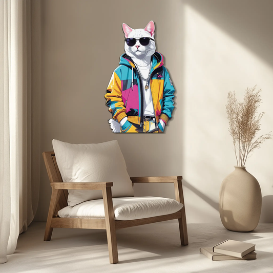 Cool Cat UV print metal wall art featuring white cat in colorful streetwear jacket and sunglasses on beige wall on Tampa Home & Garden Store