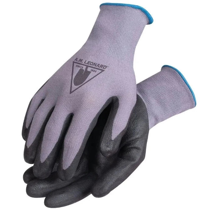 Pair of AM Leonard CoolGrip foam nitrile gloves lavender tops, black palms and blue cuffs on Tampa Home & Garden Store