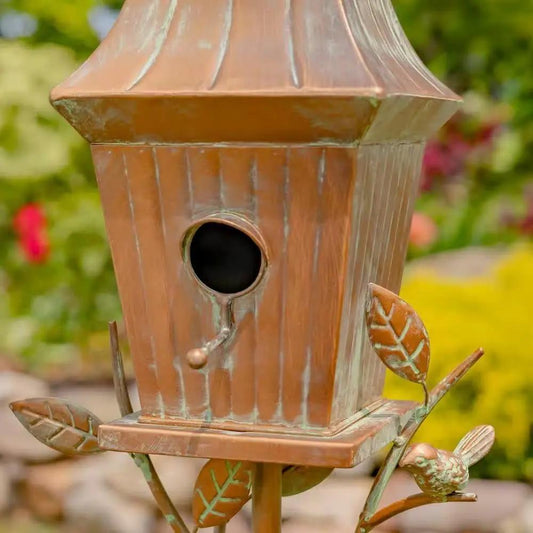 Copper finish metal birdhouse with pole and leaf accents by HomePacific on Tampa Home & Garden Store