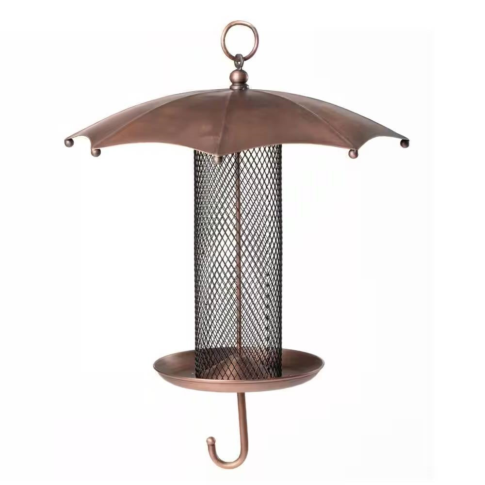 Copper umbrella bird feeder with mesh tube, copper dish tray, hanging ring on Tampa Home & Garden Store