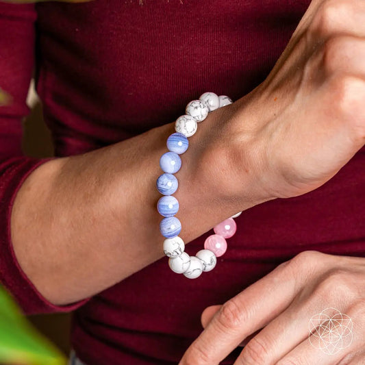 3AM Thoughts Off Deep Sleep Trio Bracelet white marble-veined, blue striped, pink beads on Tampa Home & Garden Store