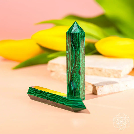 Malachite Phoenix Point two-piece sculpture with green prism and base Conscious Items decor on Tampa Home & Garden Store
