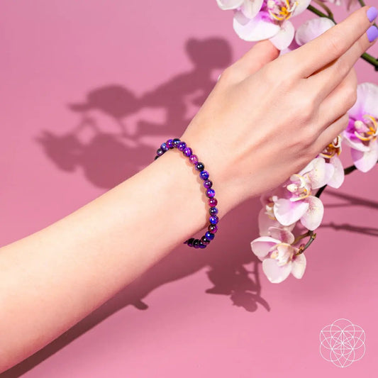 Destiny Activator Galaxy Tiger's Eye bracelet with 6mm purple beads on wrist on Tampa Home & Garden Store