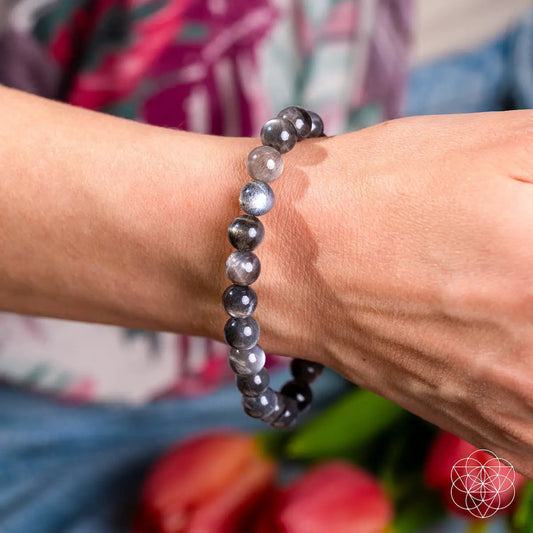Empath Cord Cutter Bracelet with black moonstone beads on wrist Conscious Items on Tampa Home & Garden Store