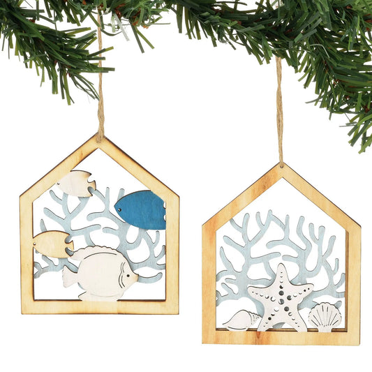 Coral Wood Laser Cut Ornaments Set Collection in natural wood frames with coral silhouettes on Tampa Home & Garden Store