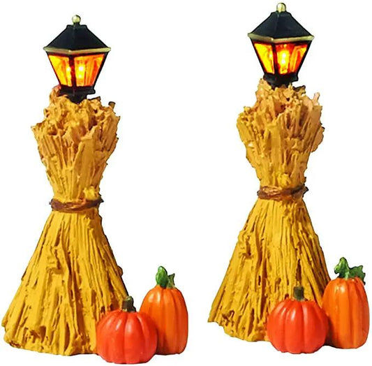 Corn Stalk Lanterns Harvest Decor pair; yellow corn stalks with black lantern tops and pumpkins on Tampa Home & Garden Store