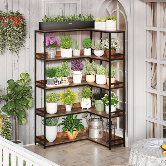 Corner Bookshelf 5-Tier L-Shaped Bookcase Etagere Bookshelf with Metal Frame-Rustic Brown - Tampa Home & Garden Store