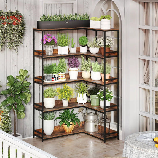 Corner Bookshelf 5-Tier L-Shaped Bookcase with black metal frame and wood shelves on Tampa Home & Garden Store
