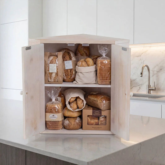 Corner bamboo bread box on kitchen counter with loaves in bags DirectDeals on Tampa Home & Garden Store