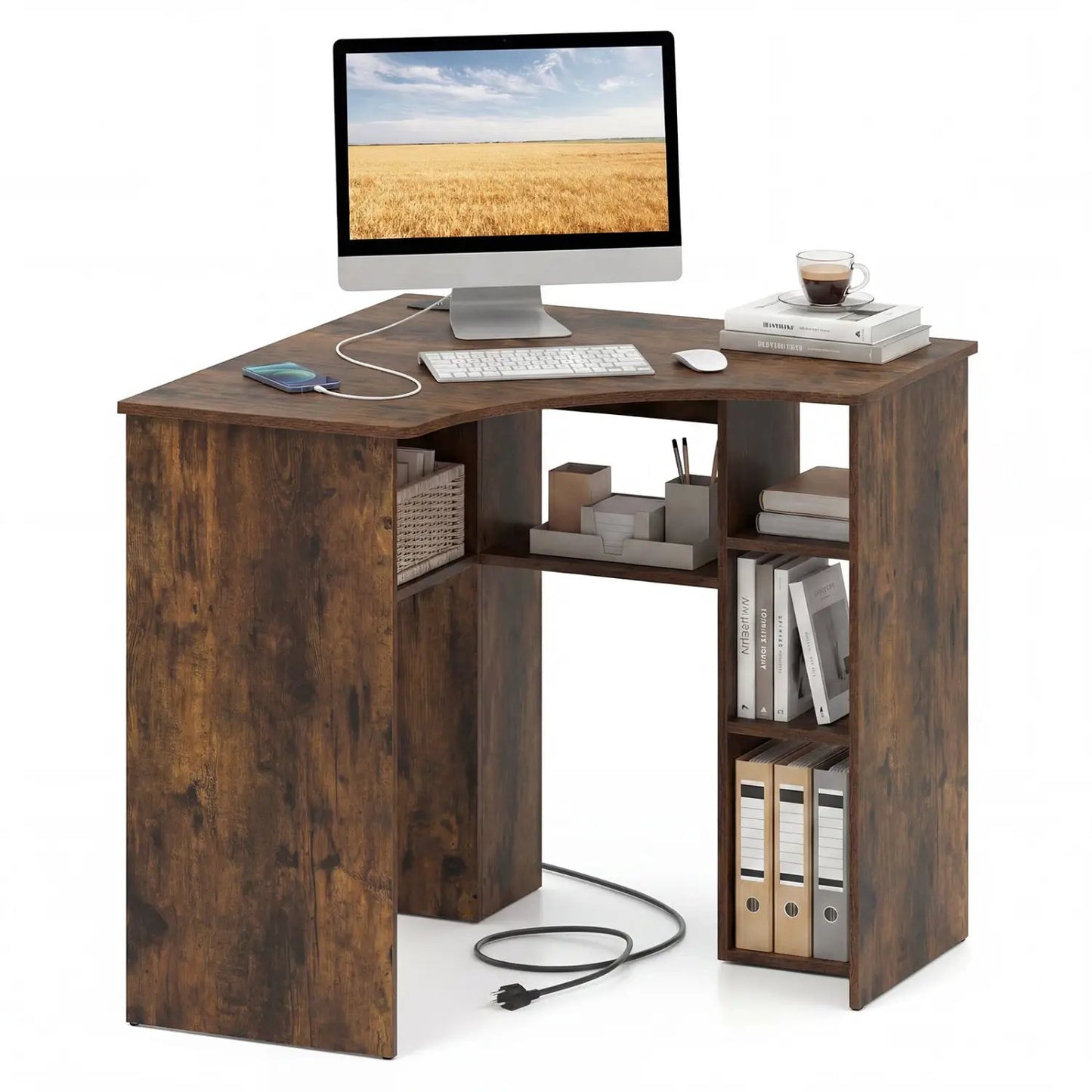 Corner computer desk with arc-shaped profile, dark wood finish, open shelves and storage cubbies on Tampa Home & Garden Store