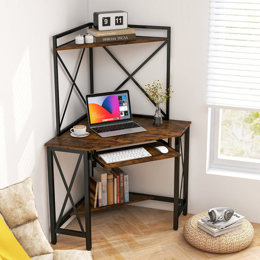 Space-Saving Corner Computer Desk with with Hutch and Keyboard Tray-Rust Brown - Tampa Home & Garden Store