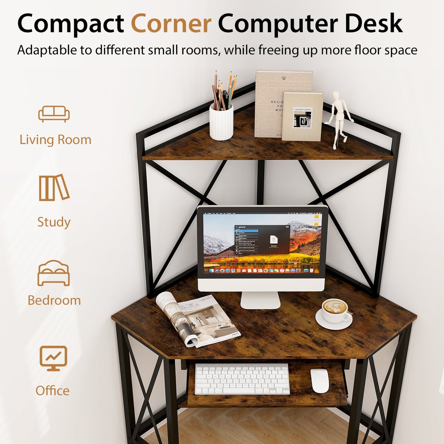 Space Saving Corner Desk with Hutch and Tray, black metal frame and wood top, DirectDeals desk on Tampa Home & Garden Store