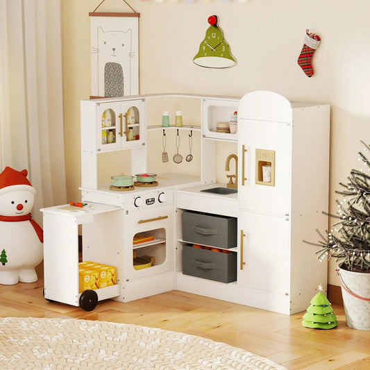Corner kitchen playset with lights and sounds in white with gold hardware and hanging utensils on Tampa Home & Garden Store