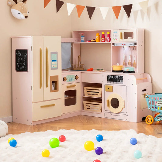 Corner pink play kitchen with lights and sounds, fridge and stove in pastel setup on Tampa Home & Garden Store