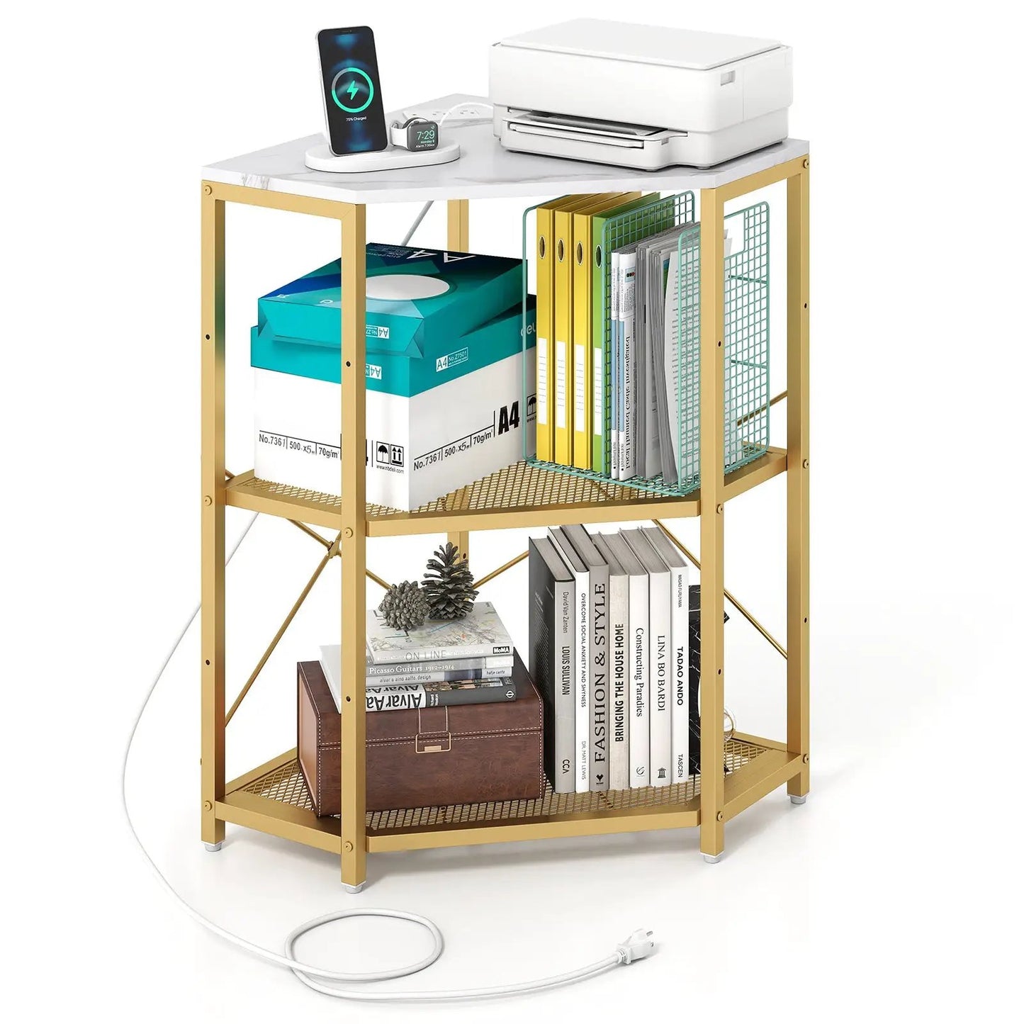 Corner printer stand with power outlet and 3-tier storage, gold frame, white top on Tampa Home & Garden Store