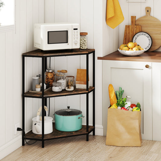 Corner Printer Stand 3-Tier Corner Shelf with Charging Station and Metal Frame-Rustic Brown - Tampa Home & Garden Store