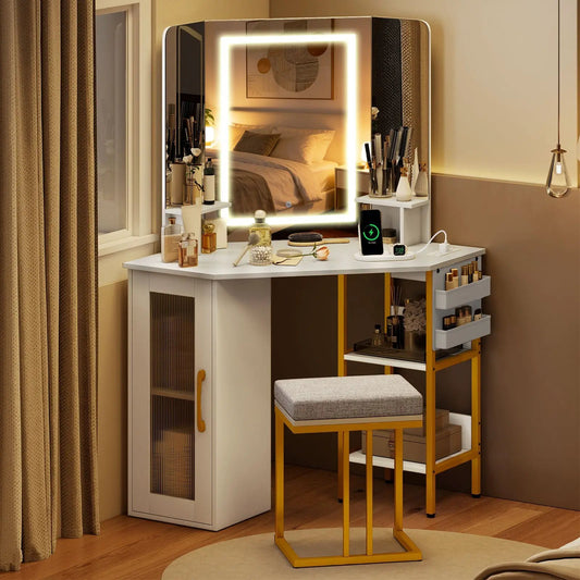 Corner Vanity Desk with Triple Mirror and Lights by DirectDeals, white finish and gold legs on Tampa Home & Garden Store