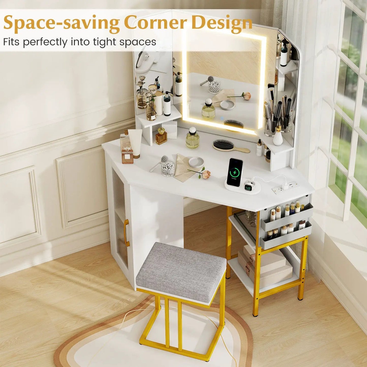 Corner Vanity Desk with triple mirror and LED lights, white finish with makeup storage on Tampa Home & Garden Store