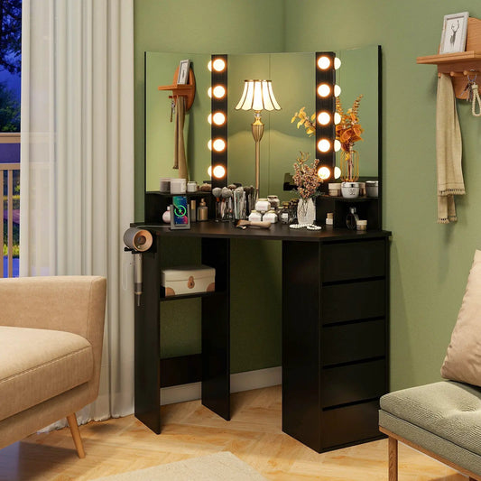 Corner vanity desk with LED mirror and power outlet, black finish on Tampa Home & Garden Store