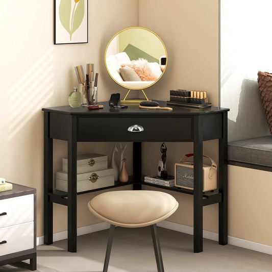 Corner black wooden laptop desk with drawer and round gold mirror on Tampa Home & Garden Store