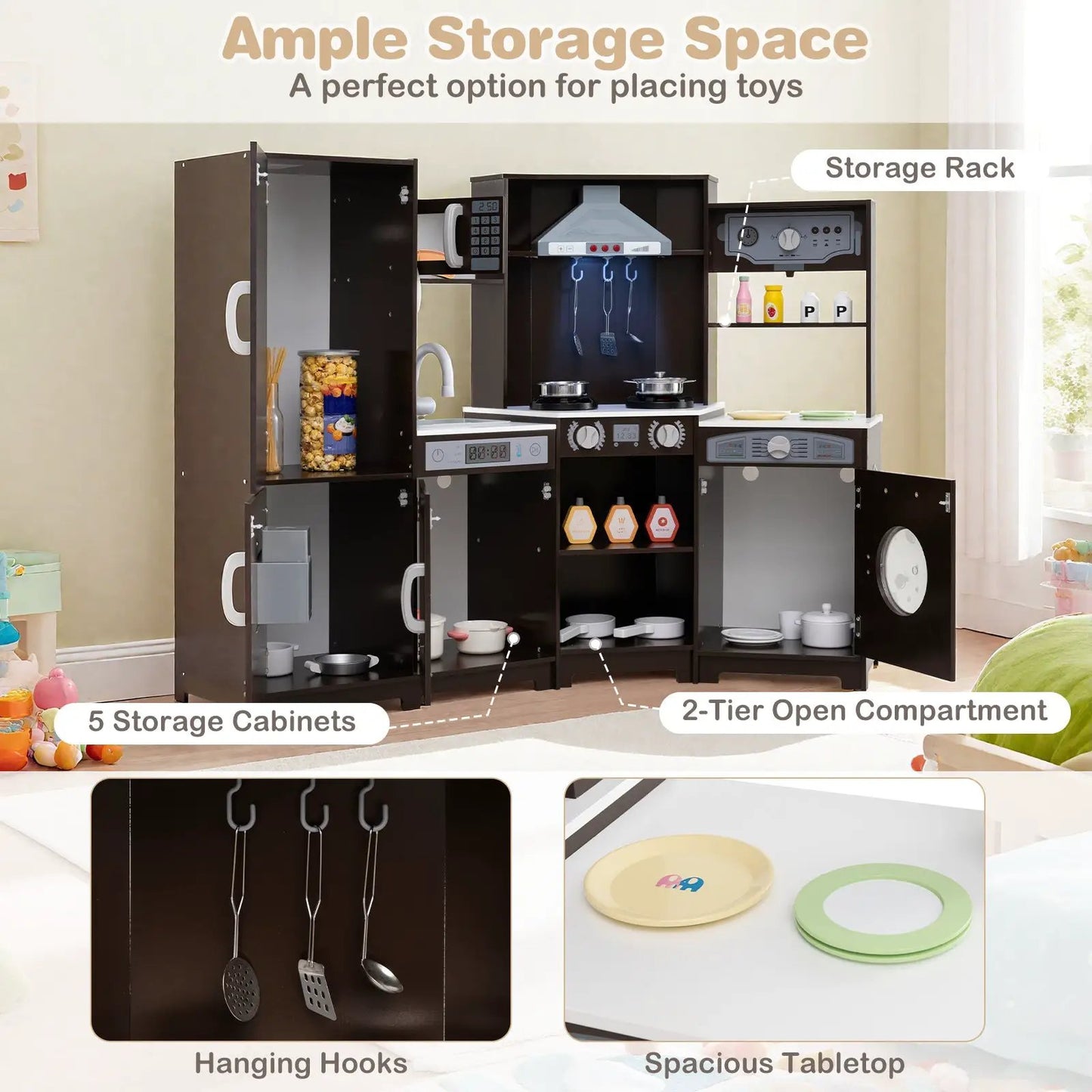 Corner Wooden Play Kitchen With Lights and Sounds dark wood finish with 5 storage cabinets on Tampa Home & Garden Store