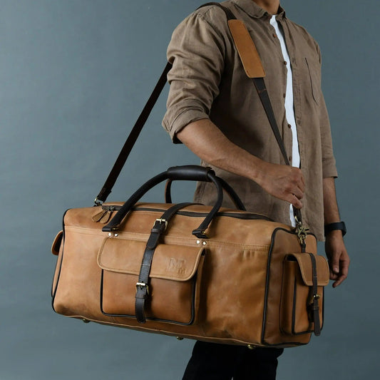 Corpus Buffalo Leather Travel Duffel Bag for Men in tan with black straps on Tampa Home & Garden Store