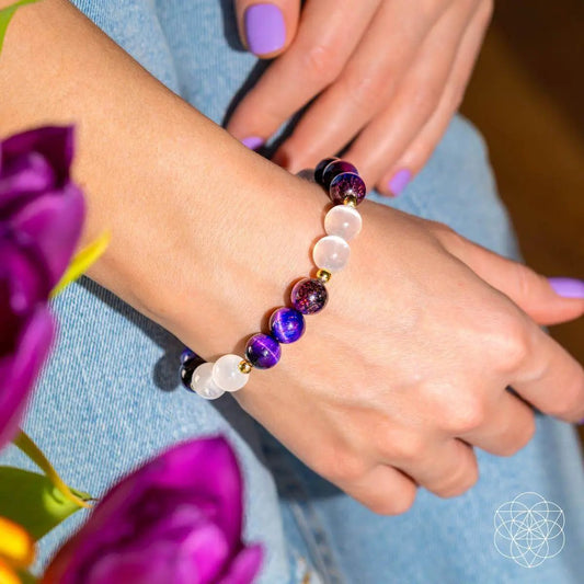 Cosmic Energy Amplifier Galaxy Tiger Eye Bracelet with purple galaxy beads and white accents on Tampa Home & Garden Store