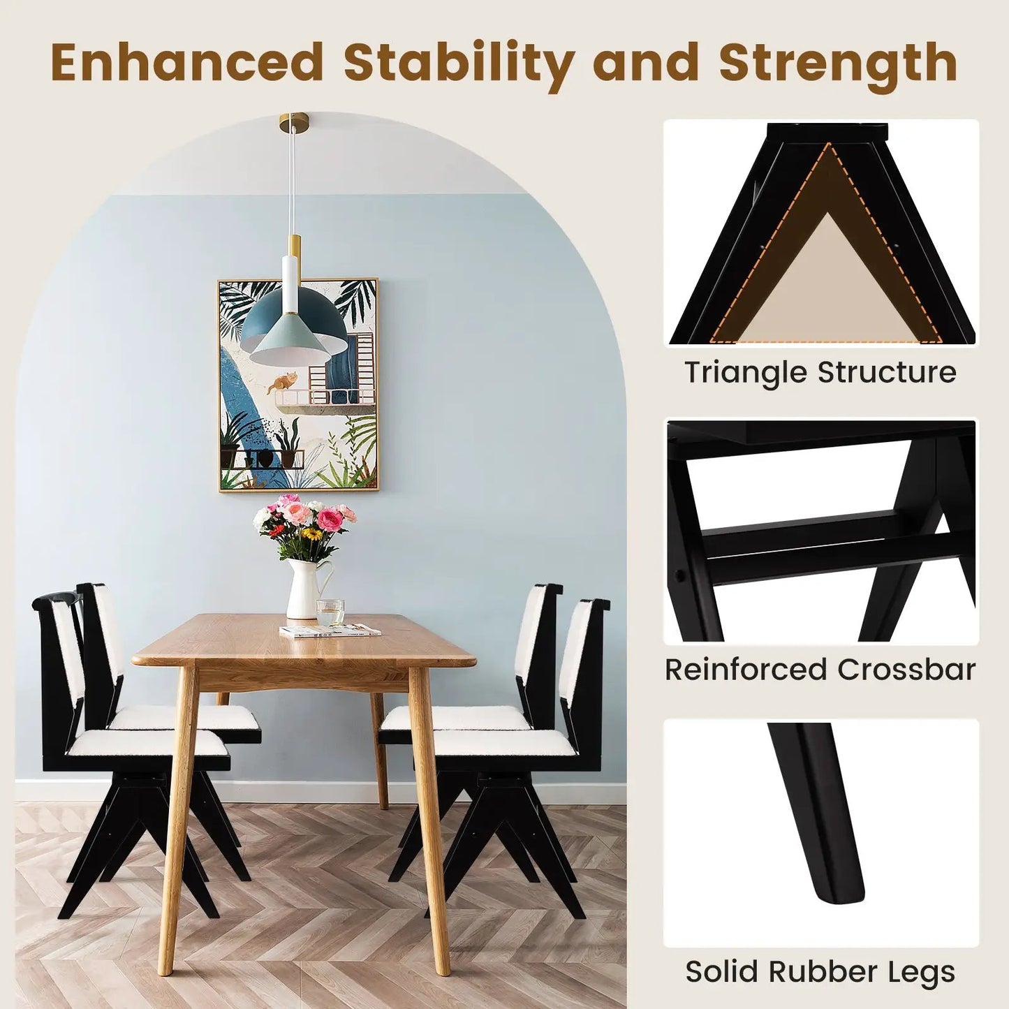 Swivel dining chairs set with padded white seats, black frames, rubber-wood legs, 2 chairs on Tampa Home & Garden Store