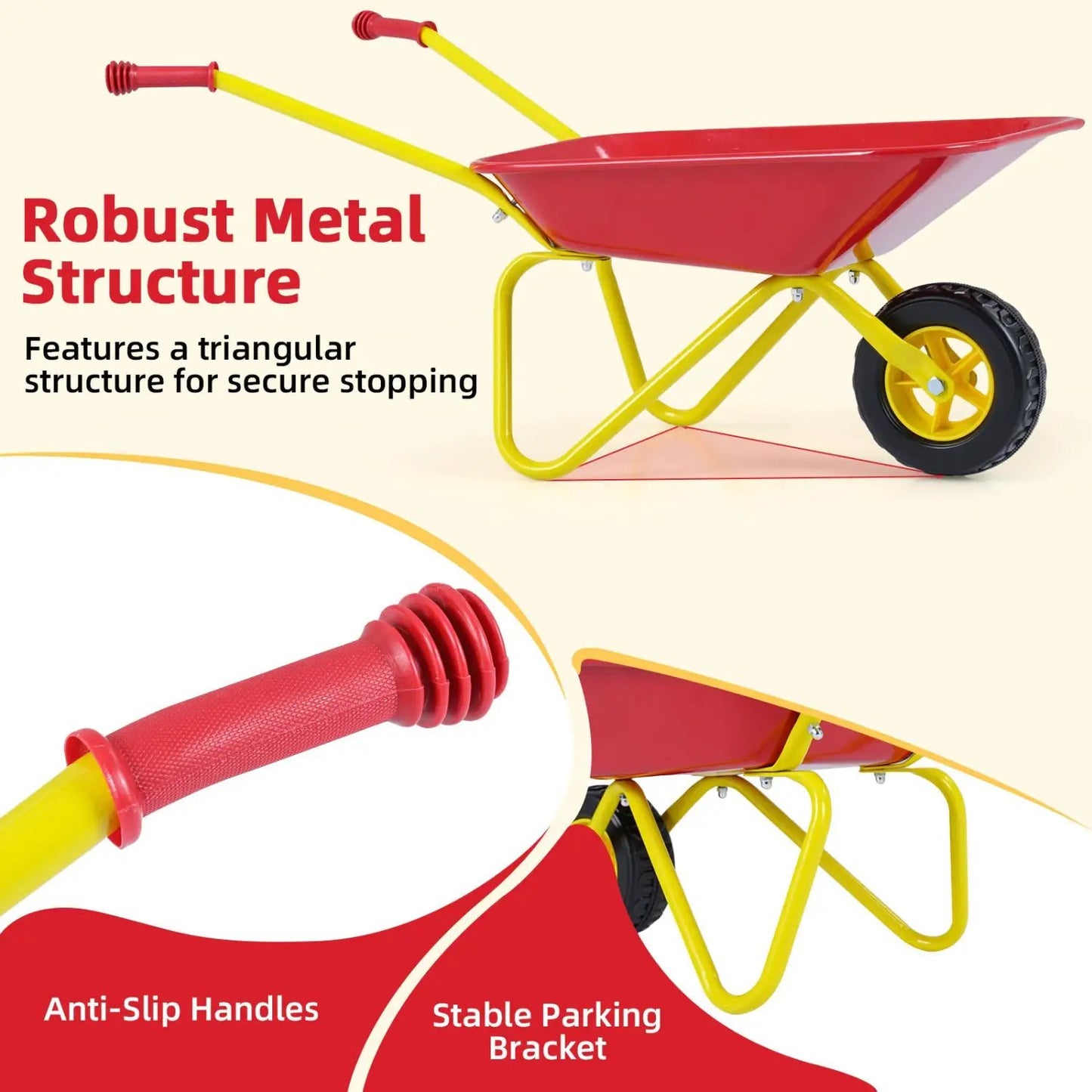 Costzon Kids Wheelbarrow with All-Terrain Wheels red tub on yellow metal frame, one wheel on Tampa Home & Garden Store