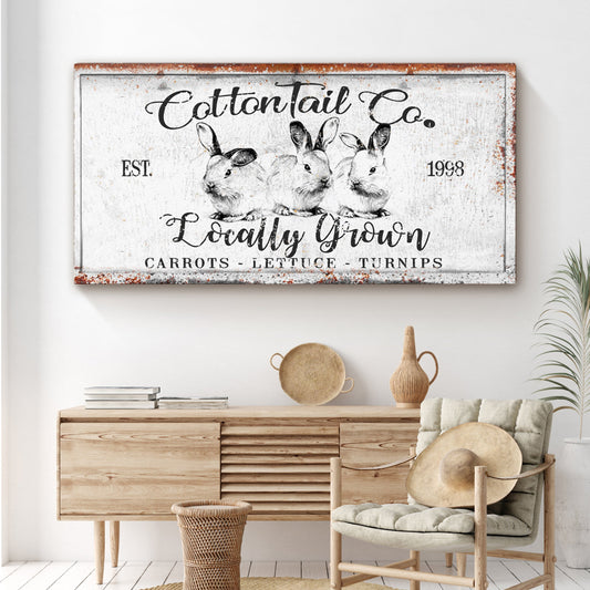 Tailored Canvases Cottontail Co Easter Sign III canvas with three rabbits, rusty edges on Tampa Home & Garden Store