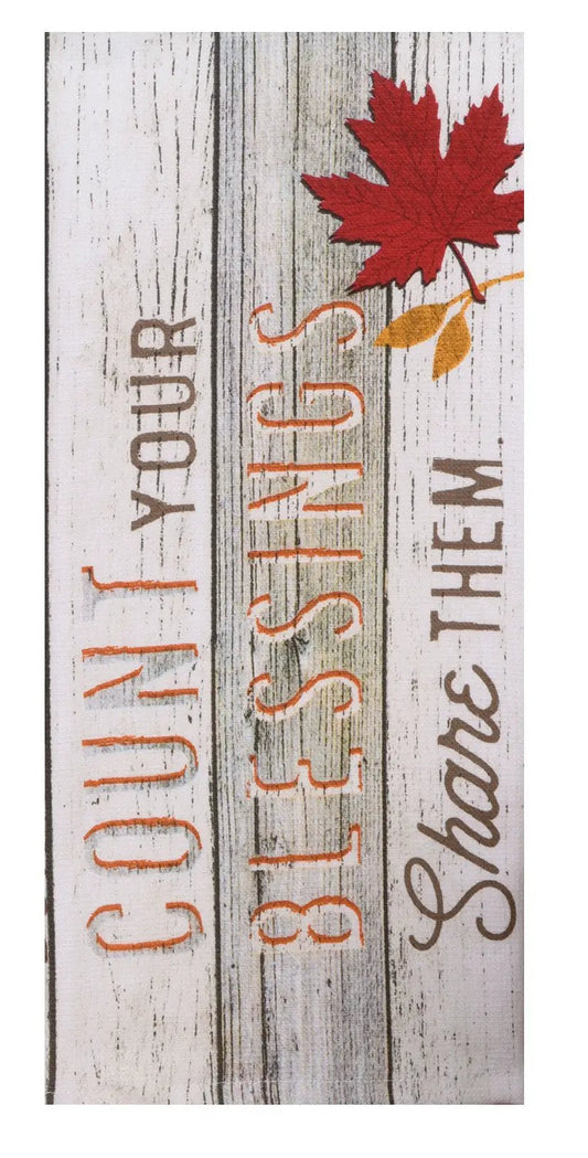 Count Your Blessings Dual Purpose Terry Towel 100% cotton wood print with maple leaf on Tampa Home & Garden Store