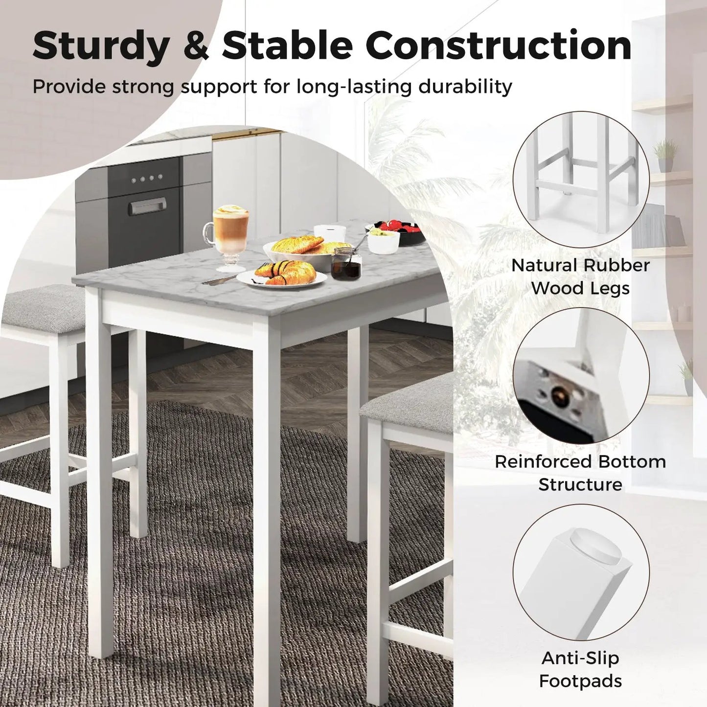 Counter-height dining table and 2 bar stools white with marble tabletop 3-piece set on Tampa Home & Garden Store